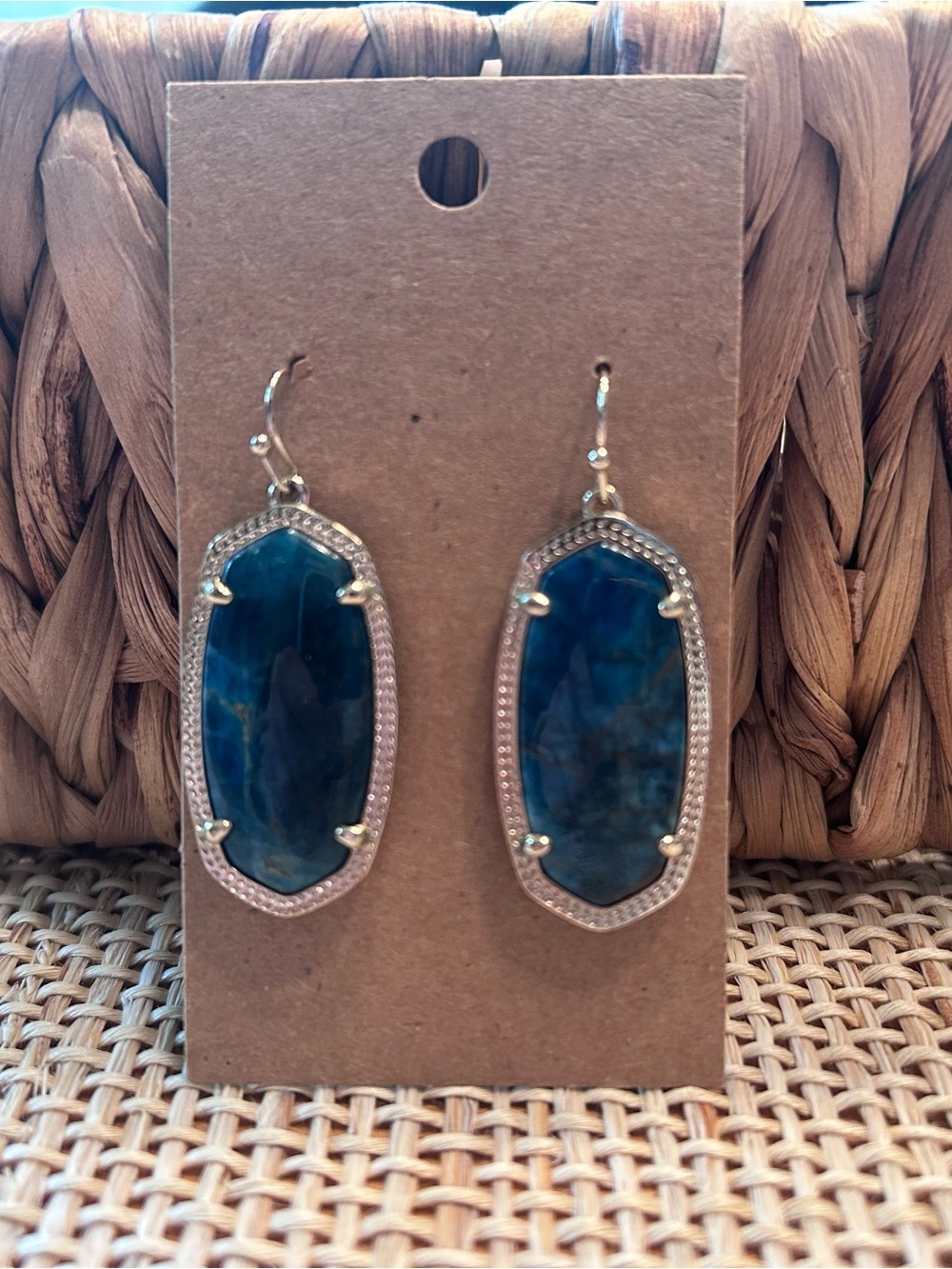 Kendra Scott Mottled Blue Teal/Brown & Gold Tone Wire Drop Earrings.